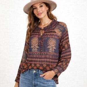 RD Koko Boho Metallic Floral Peasant Blouse Gray Black Rust Gold L – Chic